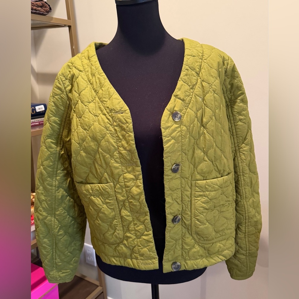 Goodthreads Chartreuse Quilted Jacket Cropped Cotton V-Neck Button Front S